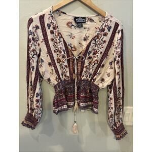 Angie Floral Print Boho Hippie Peasant Top Long Sleeve Blouse Shirt Size Small